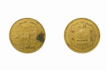 2 rupe, nepal coin, coin currency, studio shot against white background