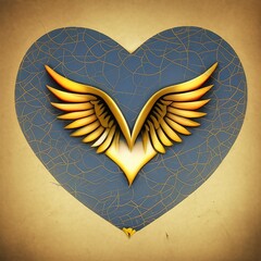 Coeur avec une pointe d'or sur son extr&eacute;mit&eacute;, sur lequel sont pos&eacute;es des ailes d'ange dor&eacute;es sur fond &eacute;clair&eacute;