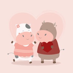 Obraz na płótnie Canvas A couple of cow getting closer each other. Around heart shape background. Happy Valentine's day greeting card used for print design, banner, poster, flyer template