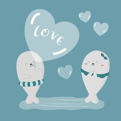 vector illustration of seals with heart illustration of love. two seals holding heart of love. flat design seals. animal wallpaper.
