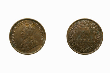 One quarter aana, 1956 India, Indian coin currency, studio shot against white background..