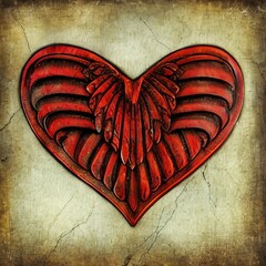 Coeur rouge en bois stylis&eacute;, sur lequel sont grav&eacute;es des ailes d'Ange sur fond de parchemin &eacute;clair&eacute;