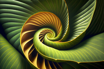 Tropical exotic leaf twisted into a spiral. Idyllic nature. Perfection in nature concept. Generative AI