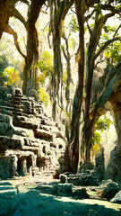 Fototapeta premium Mayan civilization forest land cave illustration art Generative AI Content by Midjourney