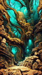 Obraz premium Mayan civilization forest land cave illustration art Generative AI Content by Midjourney