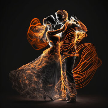 Dancing people, ballroom dancers, ballroom dancing, light painting, AI generative illustration.