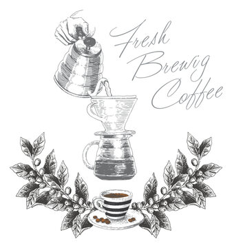 Brewing coffee with dripper and kettle. Hand drawn vector illustration framed by branch. 