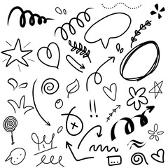 Swish, sweep, emphasize the doodle. Highlight text elements, calligraphy swirls, tails, flowers, hearts, scribble crowns. vector illustrations