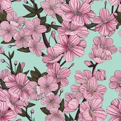 Poster Seamless pattern of Sakura branches. Cherry blossom background. Hand-drawn in the style of engraving  © Daria
