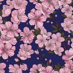 Seamless pattern of Sakura branches. Cherry blossom background. Hand-drawn