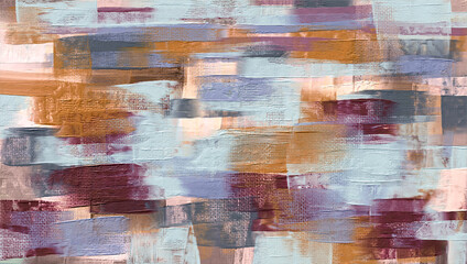 Rough brush strokes on canvas. Abstract grunge hand painted backdrop with sky blue, maroon and ochre accents