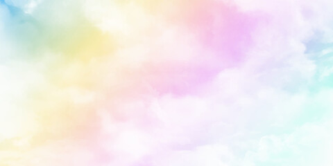 Fototapeta na wymiar Sun and clouds background with a soft pastel color. Fantasy magical sunny sky pastel background with colorful cloudy sky, fluffy white cloud. Freedom concept. Vector illustration.