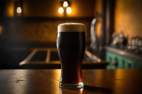 A glass of dark beer is placed on the counter bar with background of the pub interior. Generative Ai image.	
