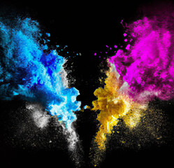 Colorful powder double explosion on black background - 564271508