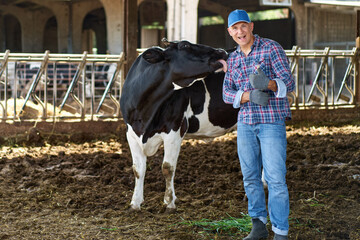 Farmer worker man at cow farm, livestock ranches