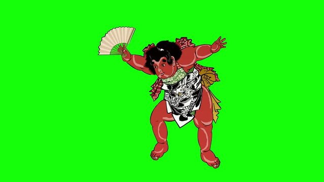 扇子を持って踊る金太郎　グリーンバック