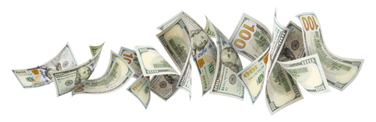 Flying 100 American dollars banknotes cut out