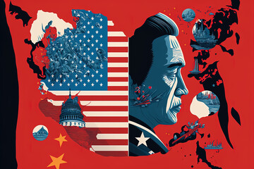 Conceptual digital illustration that represents the ongoing global geopolitical tensions between USA and China - Ai generated content - obrazy, fototapety, plakaty