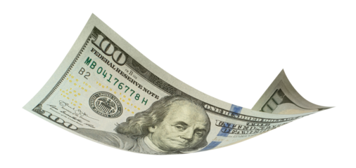 Flying 100 US dollars banknote cut out