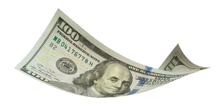 Flying 100 US dollars banknote cut out