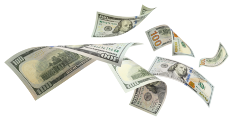 Flying 100 American dollars banknotes cut out