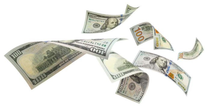 Flying 100 American dollars banknotes cut out