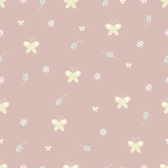 Fototapeta na wymiar Pink pastel butterfly tiny cute doodle pattern