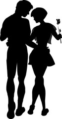 The guy and the girl are hugging. Back view. The girl is holding a rose in her hand. Silhouette. Cartoon.