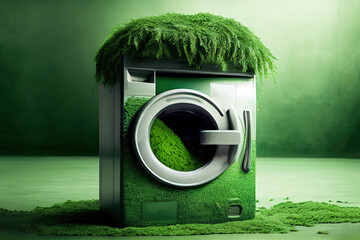 Greenwashing or green sheen concept with washing machine. Generative AI. - obrazy, fototapety, plakaty