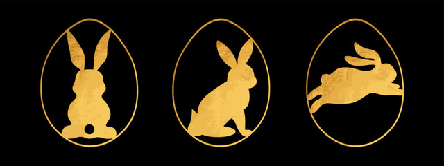 Happy Easter holiday banner illustration vector - Symbol cartoon set of black golden silhouette of easter egg and easter bunny isolated on black background