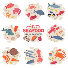 Naklejka premium Seafood with Fish, Crustacean and Shellfish as Fresh Sea Product Vector Composition Set