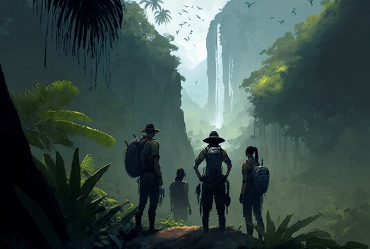 illustration, a group of explorers in the jungle, image by AI