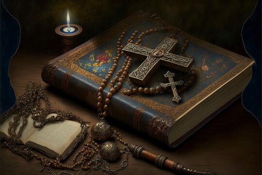 illustration crucifix and rosary on a book.image generated by AI