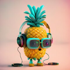 Ripe pineapple with headphones and sunglasses in pastel colors. AI generative illustration, image generated by AI.