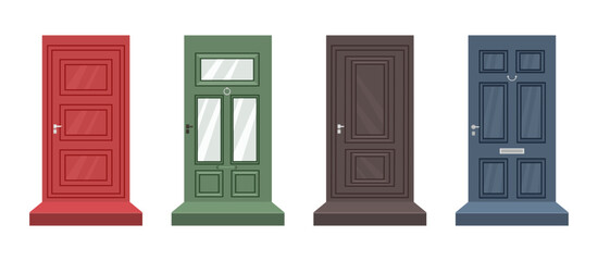 Set of entrance doors in classic and modern style. trendy design. hand drawn. Vector stock illustration. isolated. House exterior. Door lock. Signaling.