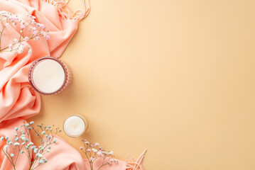 Hello spring concept. Top view photo of candles pink scarf and gypsophila flowers on isolated...