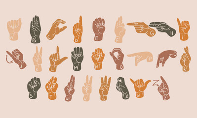 American Sign Language Alphabet. 26 letters of ASL. Sign Language spelling. Deaf culture, gestures. Flat items in boho colors. - 564274771