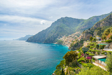 Amalfi coast with Positano town and Mediterranean sea, Campania, Italy. Popular summer resort