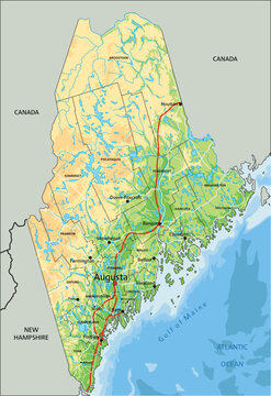High detailed Maine physical map with labeling.