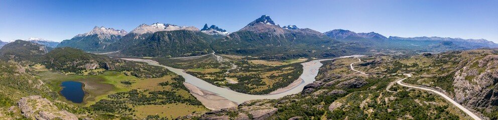 Fototapeta na wymiar Panorama view from the viewpoint Mirador Rio Ibañez at the Carretera Austral in Patagonia, Chile