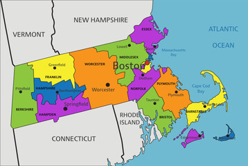 Colorful Massachusetts political map with clearly labeled, separated layers. Vector illustration.