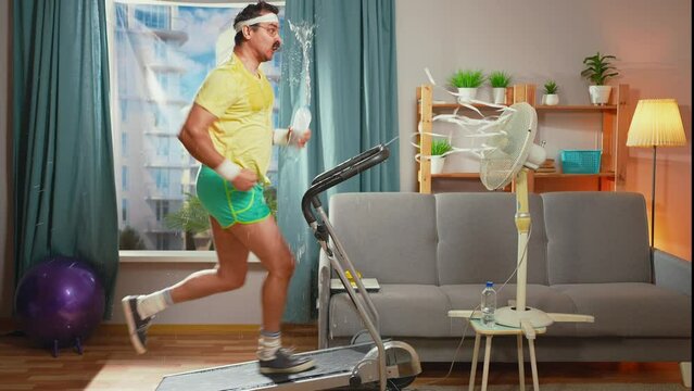 funny athlete with a mustache epic running treadmill in the living room