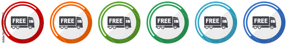 Aufkleber free delivery icon set, flat design vector illustration in 6 colors options for webdesign and mobile