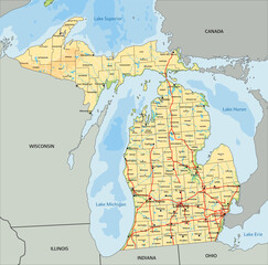 High detailed Michigan physical map with labeling. - 564275948