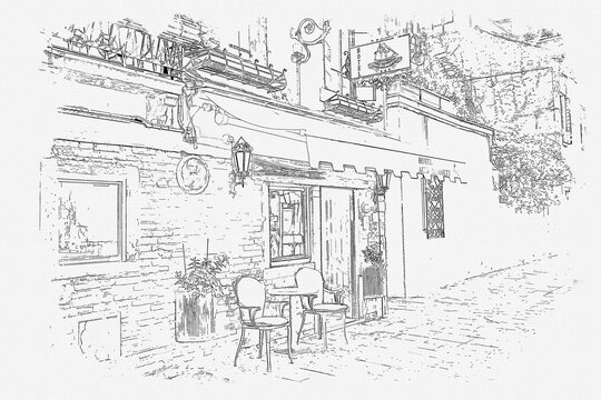 Fototapeta Sketch drawing picture street view of Venice beautiful landmark at Italy, Venezia Italy.
