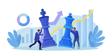 Businessmen moving chess figures. Leaders planning, thinking, discussing business strategy together. Brainstorm, collaboration and cooperation. Successful teamwork and tactics. Competition, leadership