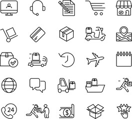 Online shopping and delivery. Collection of simple black symbols in silhouette