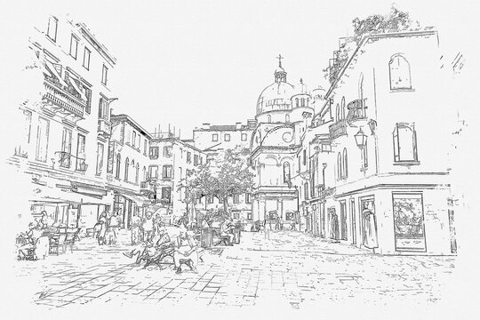 Fototapeta Sketch drawing picture street view of Venice beautiful landmark at Italy, Venezia Italy.