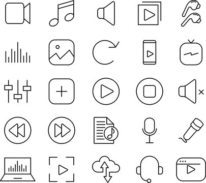 Collection of audio and video icons. Simple black symbols