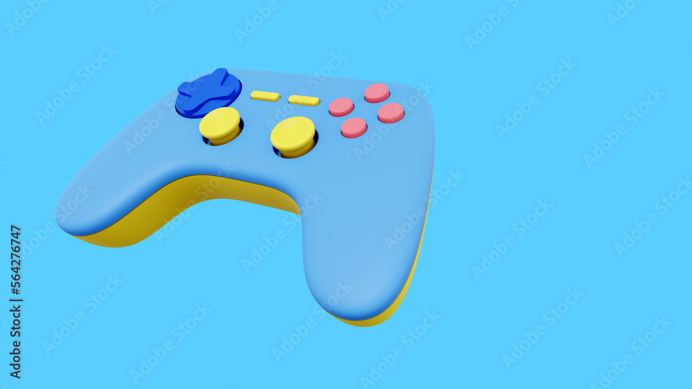 Poster realistic console game controller. multicolored icon on blue background with space for text. 3d rend